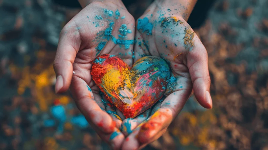 Close-up of a pair of hands holding a heart-shaped object covered in vibrant, multicolored paint. The hands and fingers are also smeared with blue, red, yellow, and orange paint, suggesting a creative or artistic activity. The background is blurred, focusing attention on the colorful heart and hands.