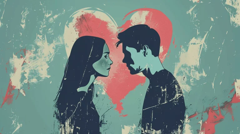An abstract illustration of a man and woman facing each other with intense expressions. The figures are stylized in shades of blue against a textured teal background. A large, rough-edged red heart is painted behind them, creating a striking contrast and highlighting the emotional connection between the two characters.