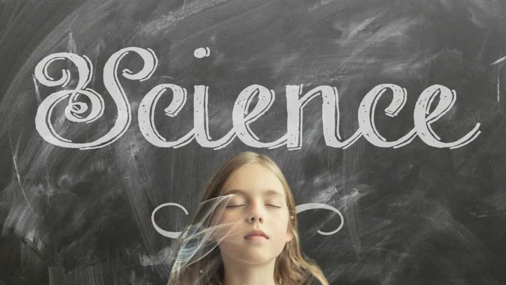 Science written on chalkboard and girl with adhd Sensitivity and sensory overload